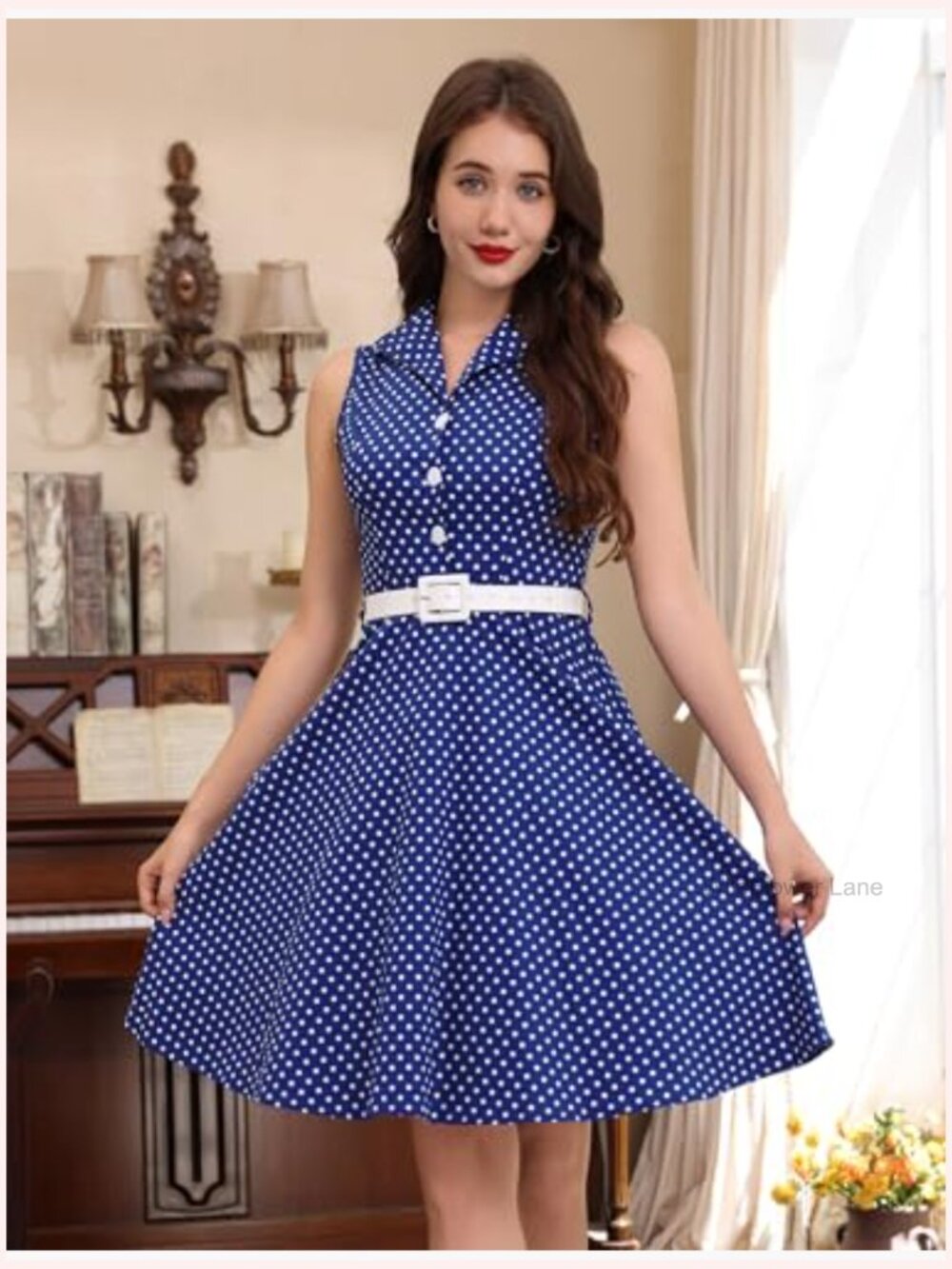 1950s Retro Polka Dot Swing Midi Dress Sleeveless Notched Lapel Belt - Picture 2 of 6